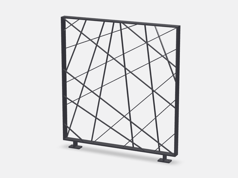 3D-render van balustrade ACHIRD met willekeurig kruisende staven
