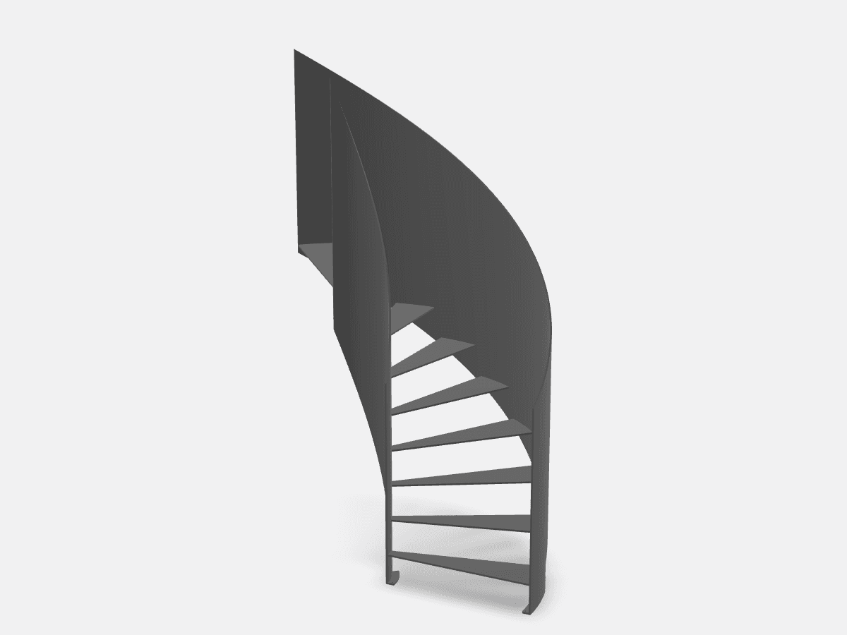3D-model van een draaitrap met twee gerolde trapwangen