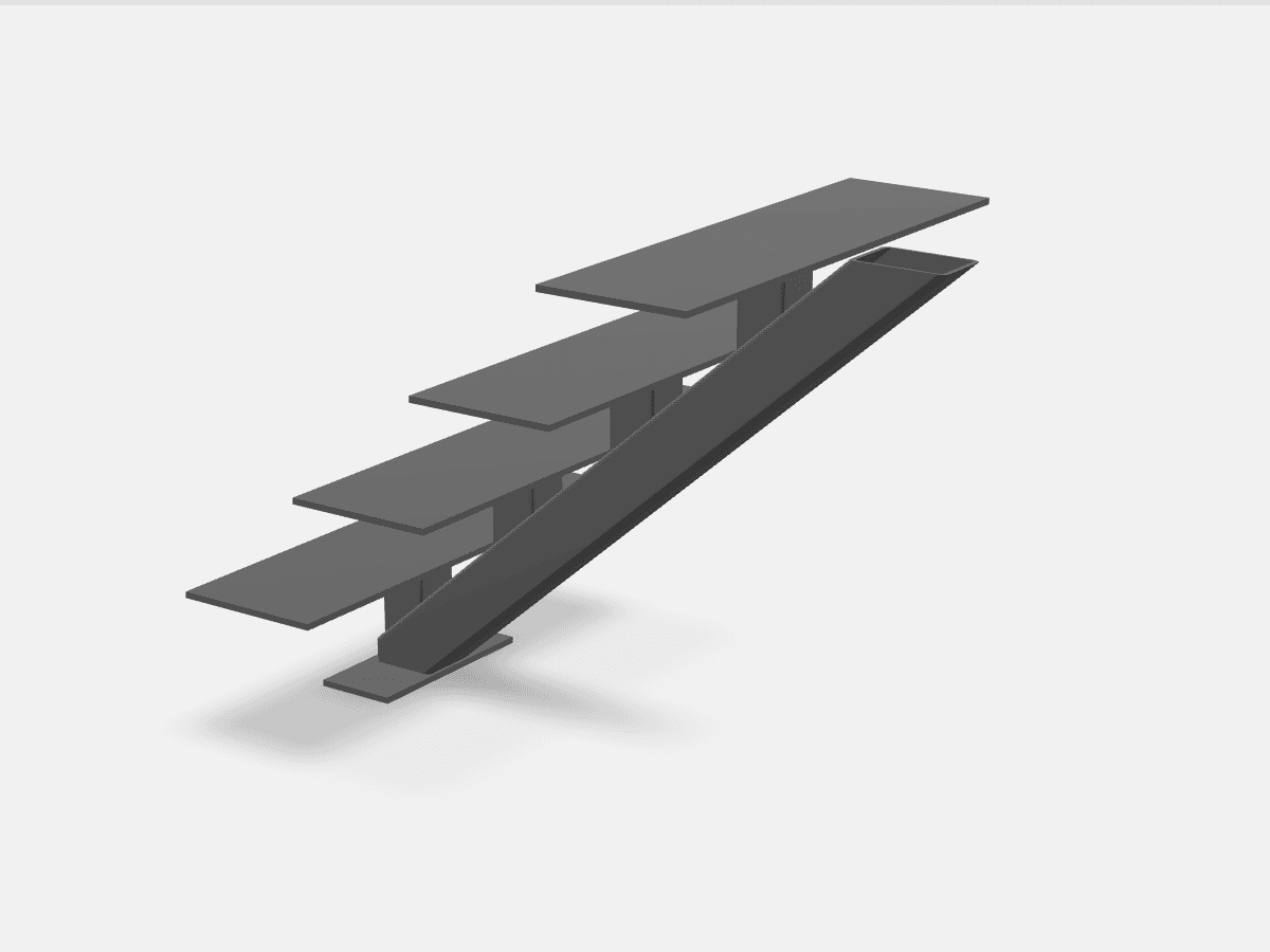 3D-model van een middenboomtrap met één centrale trapboom onder de treden
