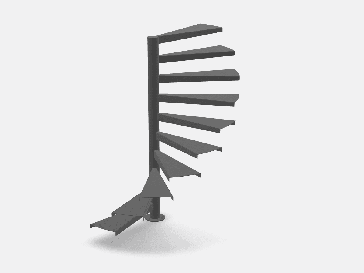 3D-model van een spiltrap met treden rond een centrale stalen spil