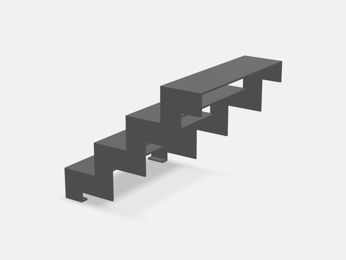 3D-model van een trap met uitgesneden trapwangen in de vorm van de treden